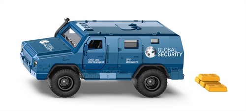 Siku Siku Rheinmetall Survivor geldtransporter speelgoedauto 1:50 metaal/kunststof blauw deuren kunnen open inclusief stickervellen in verschillende talen en 4 goudstaven