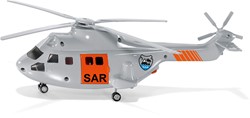 SIKU 2527, SAR Transporthubschrauber, 1:50, Metall/Kunststoff, Silber, Inkl. Trage und zu rettende Spielzeugfigur, Automatisch einziehbare Seilwinde