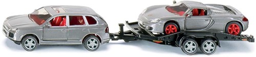 SIKU 2544, PKW mit Transport-Anhänger und Sportwagen, 1:55, Metall/Kunststoff, Silber, Kippbare Ladefläche