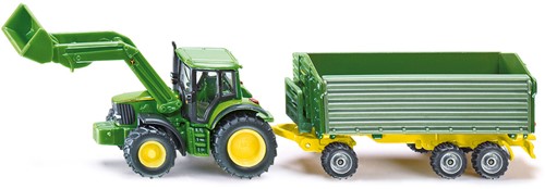 SIKU 1843, John Deere Traktor mit Frontlader und Anhänger, 1:87, Metall/Kunststoff, Grün, Kippbarer Anhänger