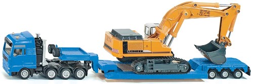 SIKU 1847, Schwertransporter mit Tiefbettauflieger, 1:87, Metall/Kunststoff, Blau/Gelb, Abkoppelbarer Auflieger