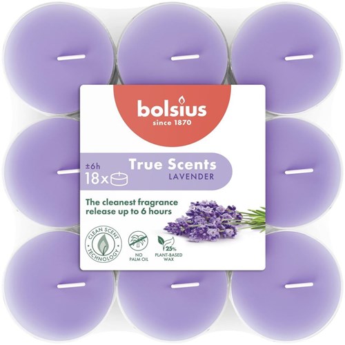 Bolsius Duft-Teelichter Lavendel 18 Stück veganes Wachs lange Brenndauer