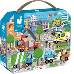 Janod - Puzzle Enfant City 36 Pièces - Jeu Educatif - Motricité Fine et Concentration - Valisette Poignée - Fabriqué en France - Certifié FSC - Encres Végétales - Dès 4 ans, J02644