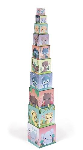 Janod J02652 Quadratische Pyramide-Niedliche Tiere-Baby-und Kleinkindspielzeug-Spielzeug zum Stapeln und Stecken-Erlernen der Größen-und Zahlenbegriffe-Ab 1 Jahr-2