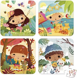 Janod - Erweiterbares Kinder-Puzzle Die 4 Jahreszeiten, 6 bis 16 Puzzleteile - Lernspiel - Entwicklung von Feinmotorik und Konzentration - Koffer mit Griff - Ab 3 Jahren, J02658