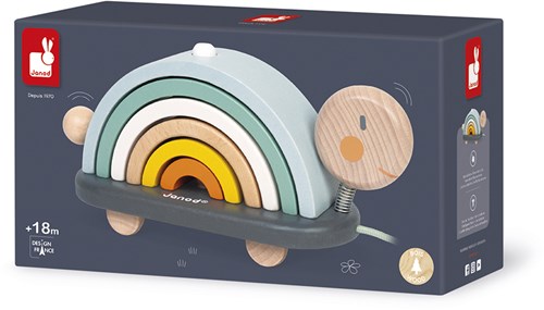 Janod - Sweet Cocoon Nachziehtier Schildkröte “Regenbogen” - Lernspielzeug aus Holz - 6 Stapelbare Holzbögen - Holzspielzeug mit Farben auf Wasserbasis - Nachziehspielzeug - Ab 18 Monaten, J04405-3