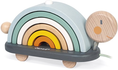Janod - Sweet Cocoon Nachziehtier Schildkröte “Regenbogen” - Lernspielzeug aus Holz - 6 Stapelbare Holzbögen - Holzspielzeug mit Farben auf Wasserbasis - Nachziehspielzeug - Ab 18 Monaten, J04405