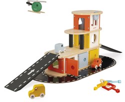 Janod Holzgarage Bolid - Parkhaus mit Autos und Hubschrauber