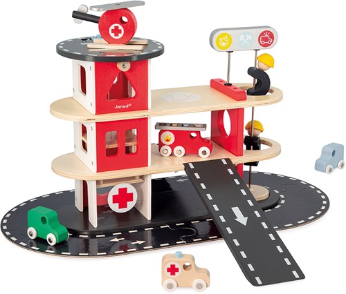 Janod Bolid - Feuerwehrstation Holzspielzeug mit Fahrzeugen
