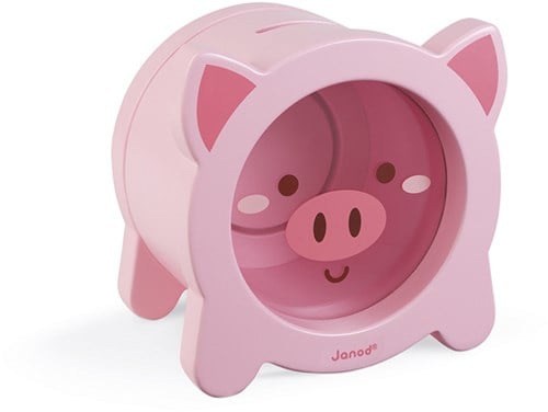 Janod - Schweinchen-Spardose aus Holz für Kinder - Transparente Seite und magnetische Klappe - Kinderzimmer-Deko - Ab 3 Jahren, J04653