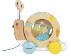 Janod - Pure Nachziehtier Schnecke - Holzspielzeug mit Xylophon und Tamburin - Musikalisches Montessori Lernspielzeug - Wasserbasierte Farben - Baby Spielzeug ab 1 Jahr, J05159