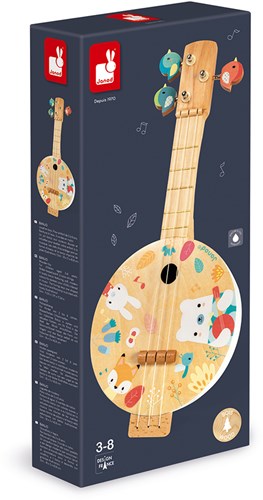 Janod - Pure Banjo - Holz Musikinstrument für Kinder mit Hübschen Illustrationen - Stimmschlüssel in Vogelform - 3 Ersatzsaiten - Farben auf Wasserbasis - Ab 3 Jahren, J05160-2