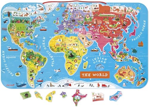Janod J05504 Puzzle Magnetische Landkarte Die Welt aus Holz 92 Teile, Englisch