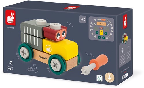 Janod Brico'Kids - Holz-Bauwagen mit Bär und Bausteinen - Lernspielzeug