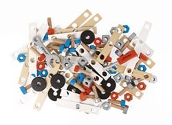 Janod - Brico'Kids Eimer mit 50 Teilen, Holz-Konstruktionsspiel und Spielzeugnachbildung, mit 5 Modellen, feinmotorische Fähigkeiten und Kreativität, ab 3 Jahren, J06480