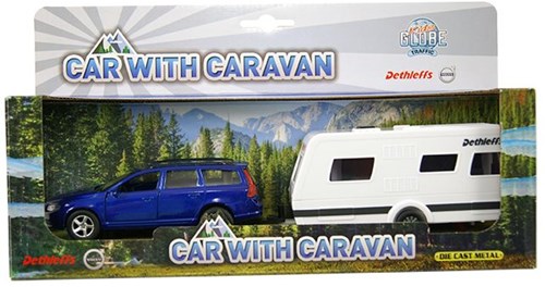 Volvo V70 Spielzeugauto mit Dethleffs Wohnwagen - Die Cast - 30cm - Blau-2