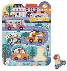 Janod Steckpuzzle - Holz Stadtpuzzle mit Fahrzeugen für Kleinkinder
