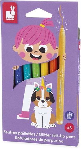 Janod Glitzer Filzstifte Set - 8 Farben - Kreative Bastelstifte für Kinder