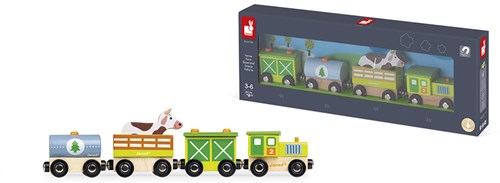Janod - Set Bauernhof-Zug Story - 5 Holzfiguren - Spielzeug für fantasievolles Spielen - Bauernhoftiere mit Fahrzeugen - Kompatibel mit den auf dem Markt erhältlichen Schienen - Ab 3 Jahren, J08578-2