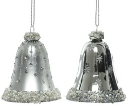 Decoris Weihnachtsglocken Set 2 Stück Glas Silber Glitzer Perlen