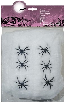 6 Spinnenseide weiß 100 gr. mit 6 Spinnen 74416