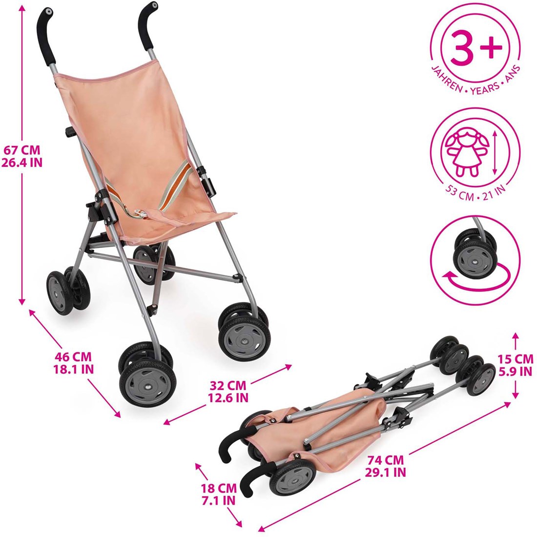 Puppenwagen faltbar rosa Spielzeug Buggy fr Puppen bis 53 cm Planet Happy  DE