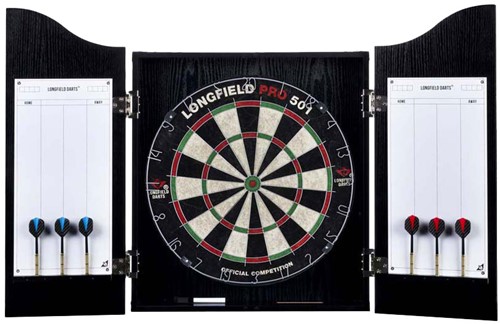 Angel Sports Dartscheiben Schrank schwarz mit Sisal Dartscheibe und Zubehör