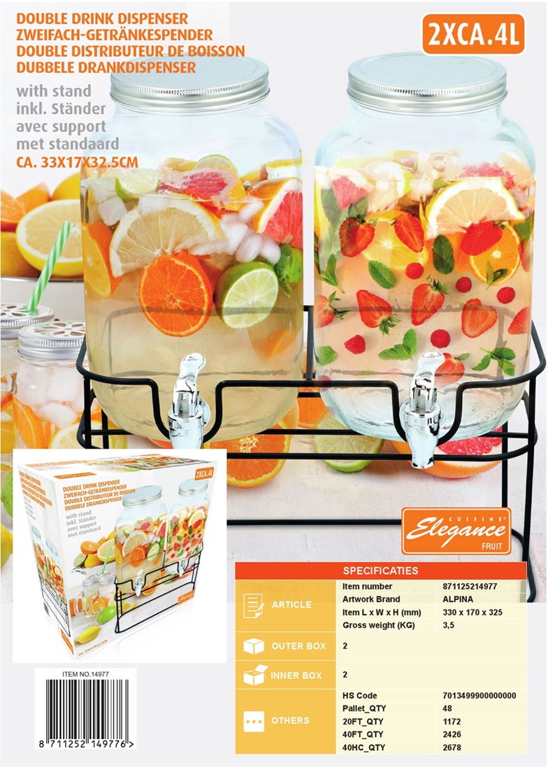 Glas Doppelgetränkespender Limonadenspender mit Ständer 2x4L
