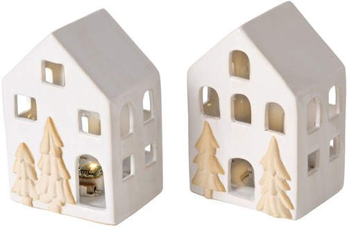 Boltze Home Deko Häuschen Porzellan LED Weiß Stimmungslicht 10,5cm