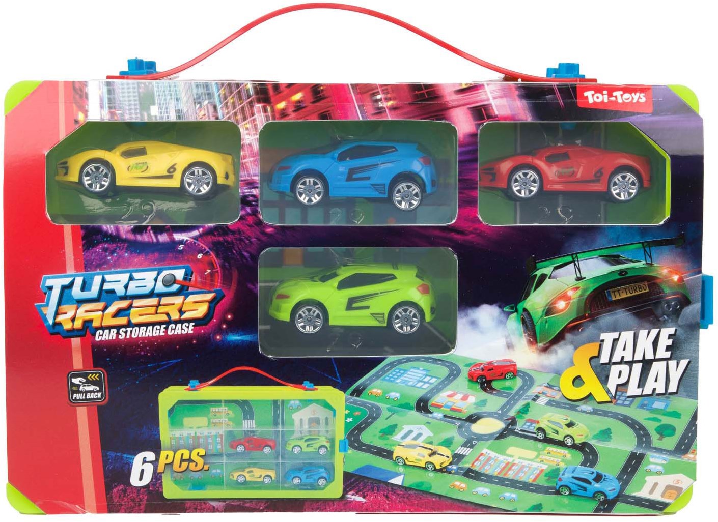 Turbo Racers Aufbewahrungskoffer Spielzeugautos mit Spielteppich 6-teilig  Planet Happy DE