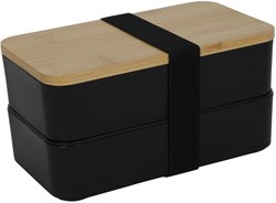 Lunchbox mit Besteck doppelt schwarz 18x10x9,5cm Kunststoff Bambus