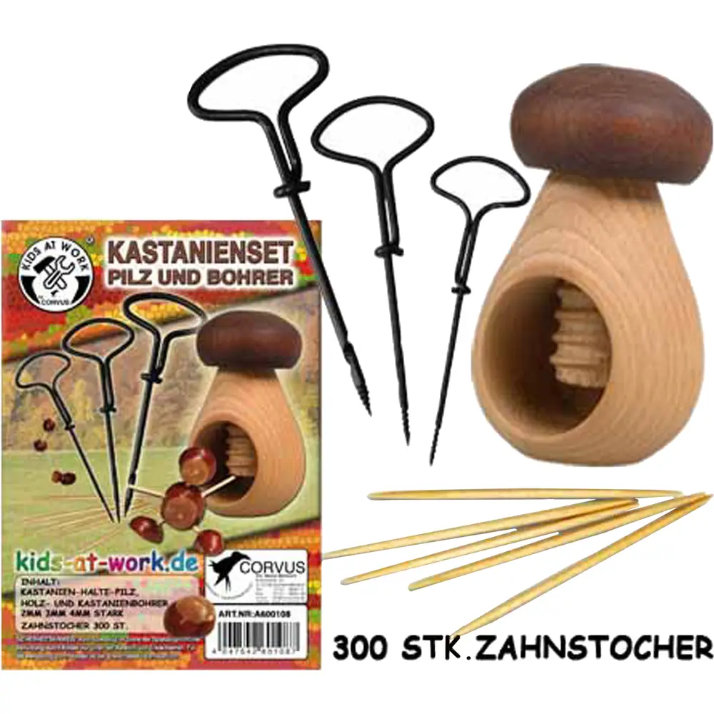 Kids at Work Bastelset Kastanienbohrer und Halter Naturholz 300 Stäbchen