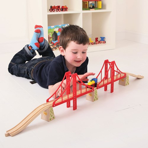 BigJigs Holz Eisenbahn Doppel-Hängebrücke rot - Spielzeug Brücke-3