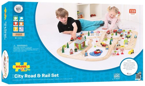 Bigjigs Holz Stadtzentrum Autobahn & Eisenbahn - 110-teilig