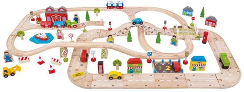 Bigjigs Holz Stadt Eisenbahn und Autoset - 110-teiliges Spielzeug-2