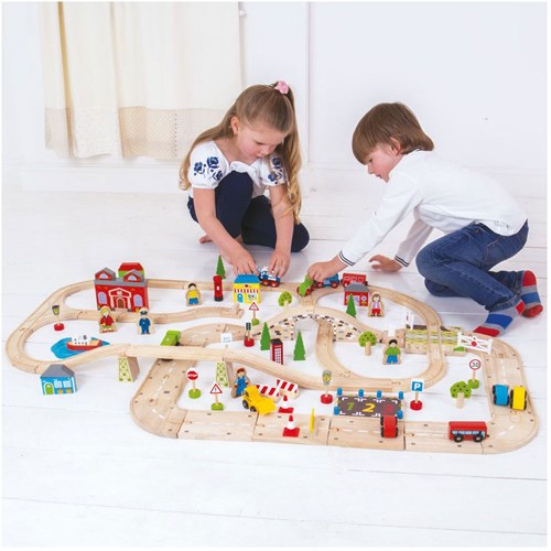 Bigjigs Holz Stadt Eisenbahn und Autoset - 110-teiliges Spielzeug-3