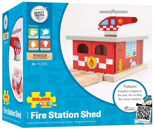 Bigjigs Holz Eisenbahnset Feuerwehrstation mit Helikopterlandeplatz