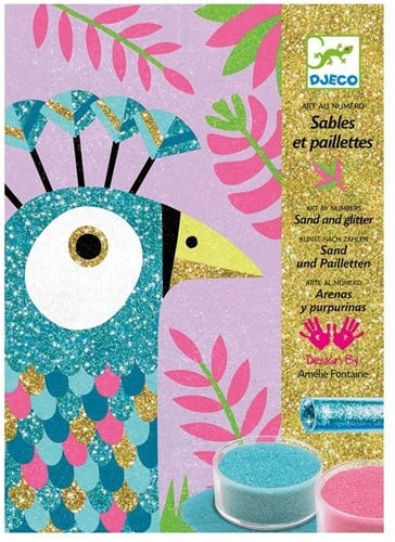 Djeco DJ08663 Kreativ Set Sandbilder Dazzling Birds mit Glitzersand, Multicolour