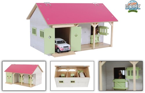 Kids Globe Pferdestall mit 2 Boxen und Schuppen 1:32 34x22x19cm rosa-2