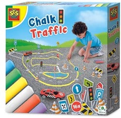 Ses Straßenmalkreide Verkehr Set mit Verkehrszeichen und Auto - kreatives Outdoor-Spielzeug