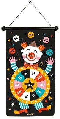 Janod - Magnetisches Dartspiel mit Zirkus-Motiv, doppelseitig,  Geschicklichkeitsspiel, zum Erlernen von Agilität und Konzentration, 6  Pfeile,
