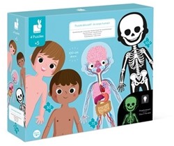 Janod - Riesenpuzzle 4er Set zum Entdecken des Menschlichen Körpers - Lernpuzzles - 50, 75, 100 Teile + Informative Lernkarten in 12 Sprachen - Ab 5 Jahren, J02681