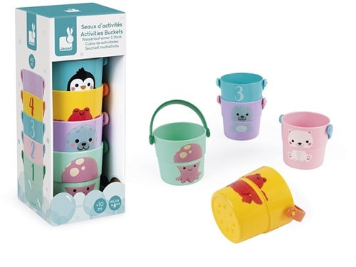 Janod - 5 Spieleimer für die Badewanne - Baby- und Kleinkindspielzeug - Handhabung und Geschicklichkeit - Lernen der Zahlen - Ab 10 Monaten, J04724-3