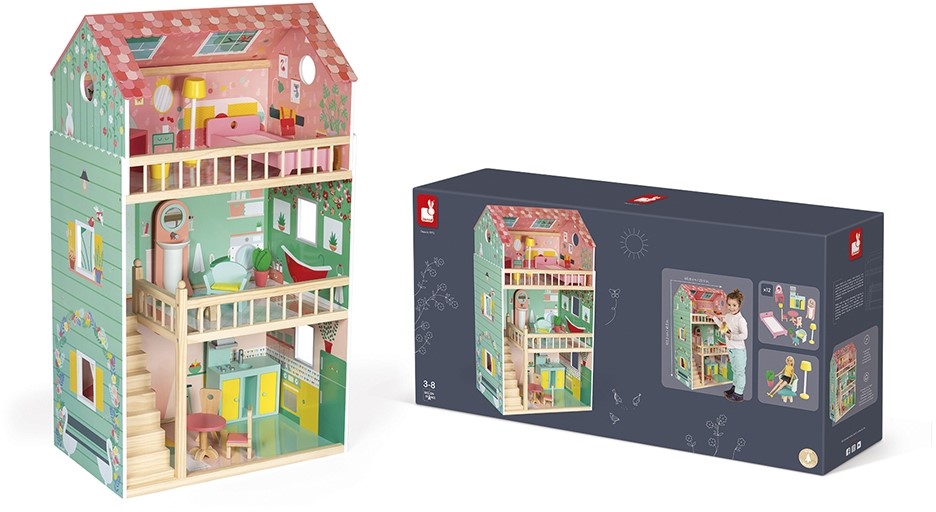 Janod - Happy Day Holz-Puppenhaus, 3 Etagen und mit 12 Zubehörteilen,  Spielzeugnachbildung, entwickelt die Fantasie, ab 3 Jahren, J06580