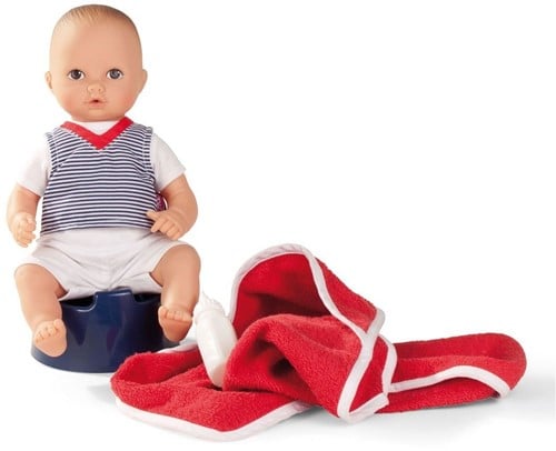 Götz 1354015 Aquini Junge Puppe - Navy - 33 cm Badepuppe mit gemalten braunen Augen, ohne Haare - 6-teiliges Set - Babypuppe für Kinder ab 18 Monaten