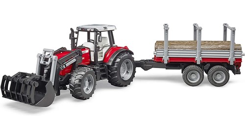 Bruder 02046 - Massey Ferguson 7480 mit Frontlader, Holztransportanhänger und 3 Baumstämmen