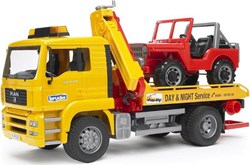 Bruder MAN TGA Abschleppwagen Spielzeug mit Jeep Geländewagen 02750