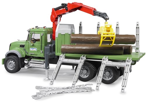 Bruder MACK Truck Holztransport mit Ladekran und 3 Baumstämmen