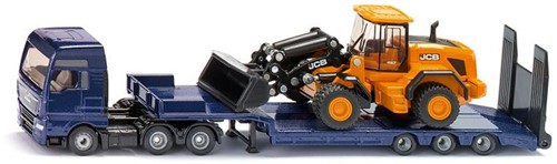 SIKU 1790, MAN-LKW mit Tieflader und JCB Radlader, 1:87, Metall/Kunststoff, Blau/Gelb, Klappbare Auffahrrampe, Beweglicher Ladearm
