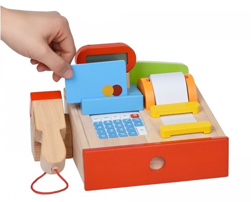 Goki Holz-Kasse mit echtem Taschenrechner Spielzeugladen-3